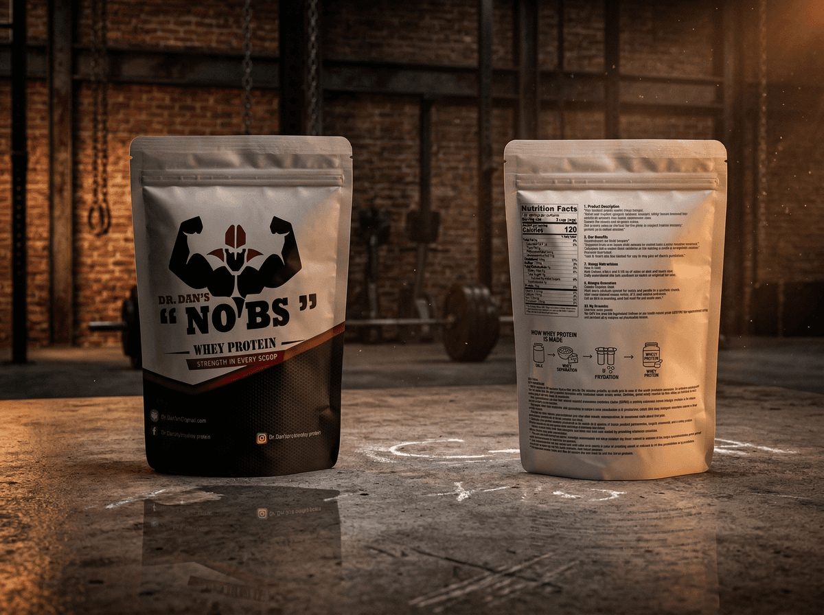 Dr. Dan's No BS Whey Protein — front and back packaging in industrial setting